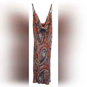 NY&C Cowl Neck Vibrant Paisley Midi Dress - Orange, Black, White Y2k Boho